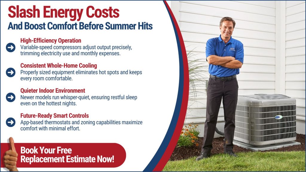 This is an image of an automatic HVAC technician standing by a brand new air conditioner. The headline read/energy cost, and boost comfort before summer hits.