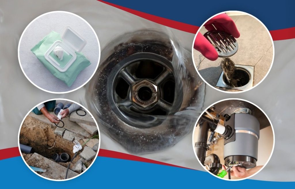 This is an image a clean kitchen sink drain on top of the image are four other images. Baby wipes, a water main, a garbage disposal, and a hair clogged drain.