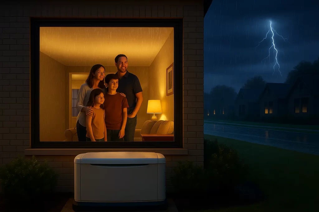 Family inside well-lit home during storm, with generator outside and surrounding houses in blackout