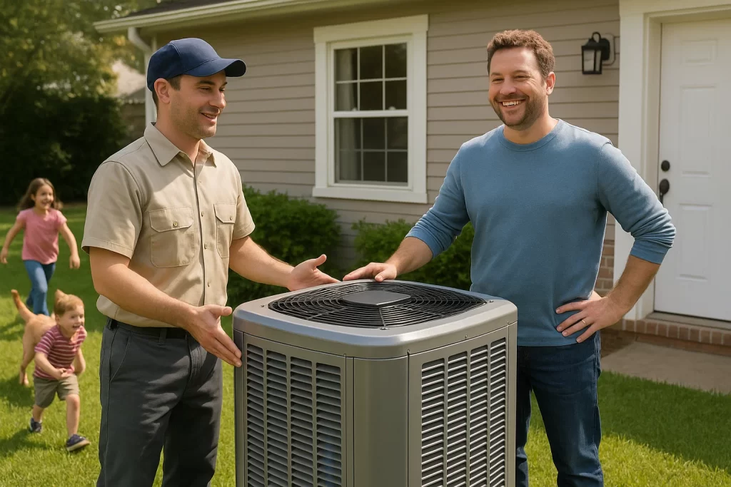 Dad receiving AC installation certificate and gift from technician in garage