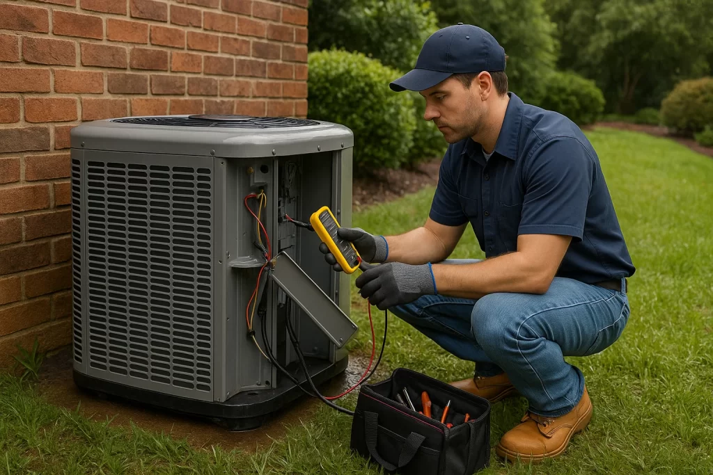Technician servicing outdoor AC unit using digital tools during Tennessee summer heat