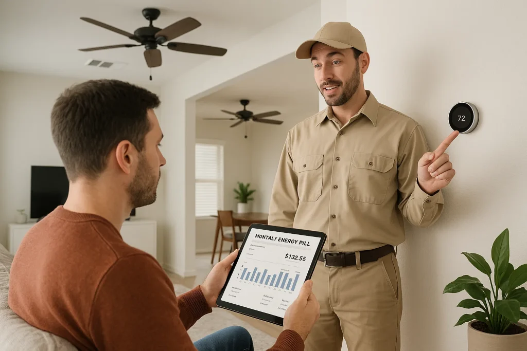 Homeowner reviews energy bill with HVAC technician explaining smart thermostat