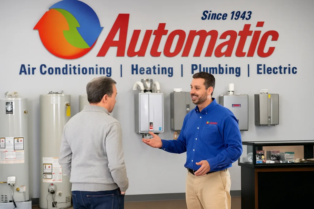An Automatic sales person explaining the differences between types of water heaters.