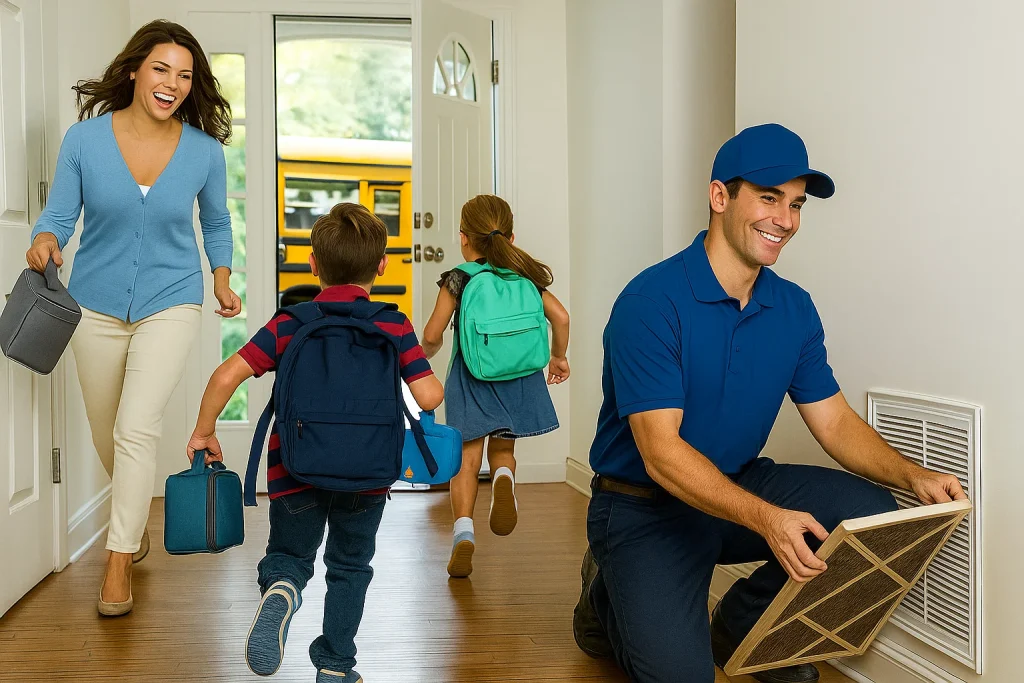 Kids running for the bus as an HVAC tech changes the air filter.