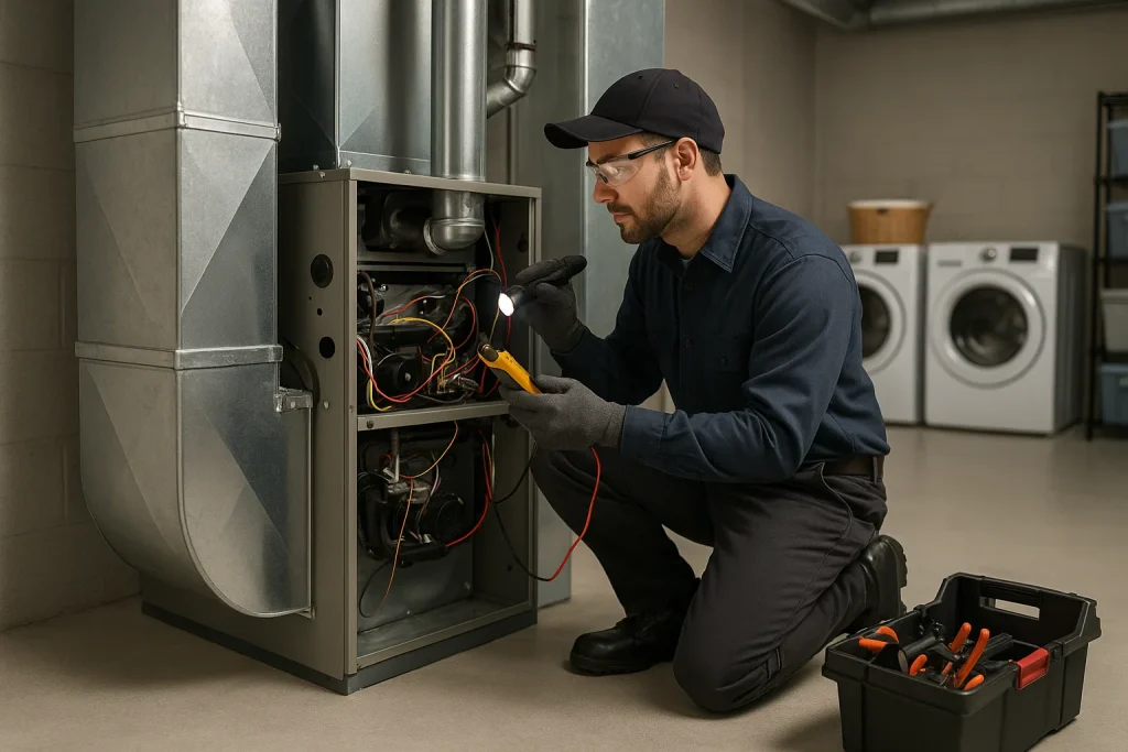 HVAC technician inspects furnace wiring during seasonal tune-up