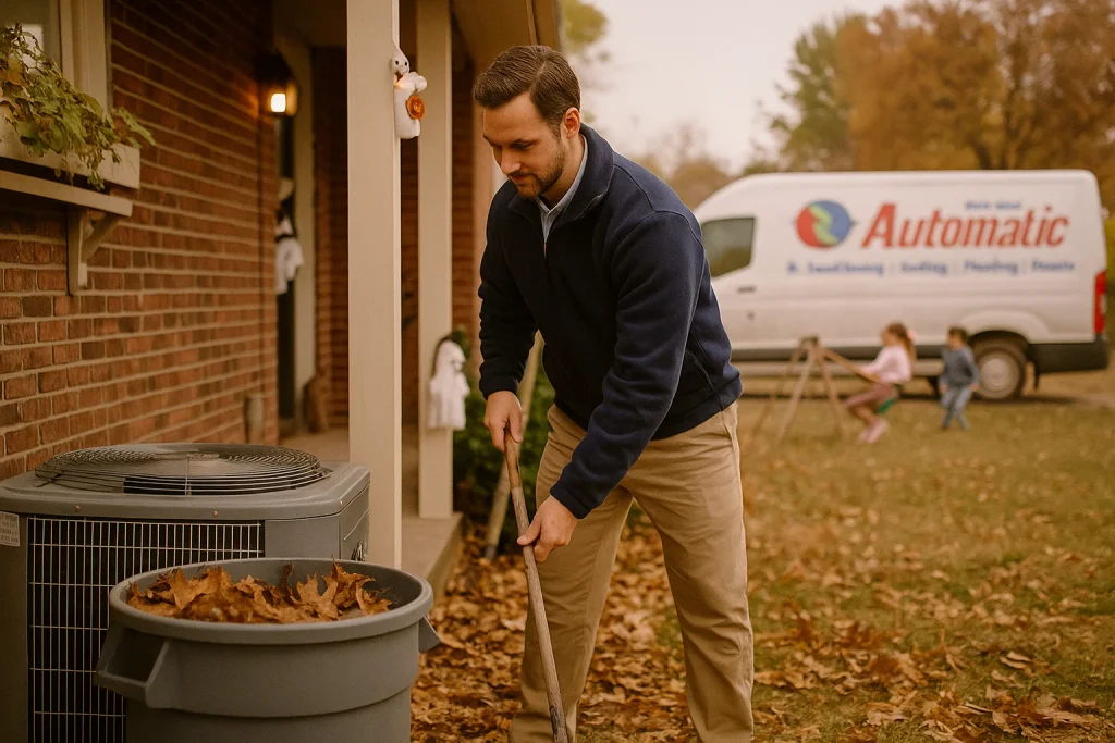 A homeowner clears leaves from HVAC unit in backyard before Halloween cold front