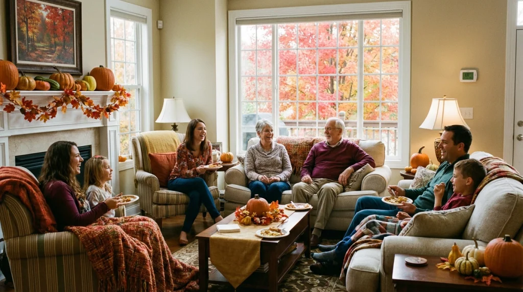 Family enjoys Thanksgiving in a decorated living room with thermostat set for comfort and guests around.