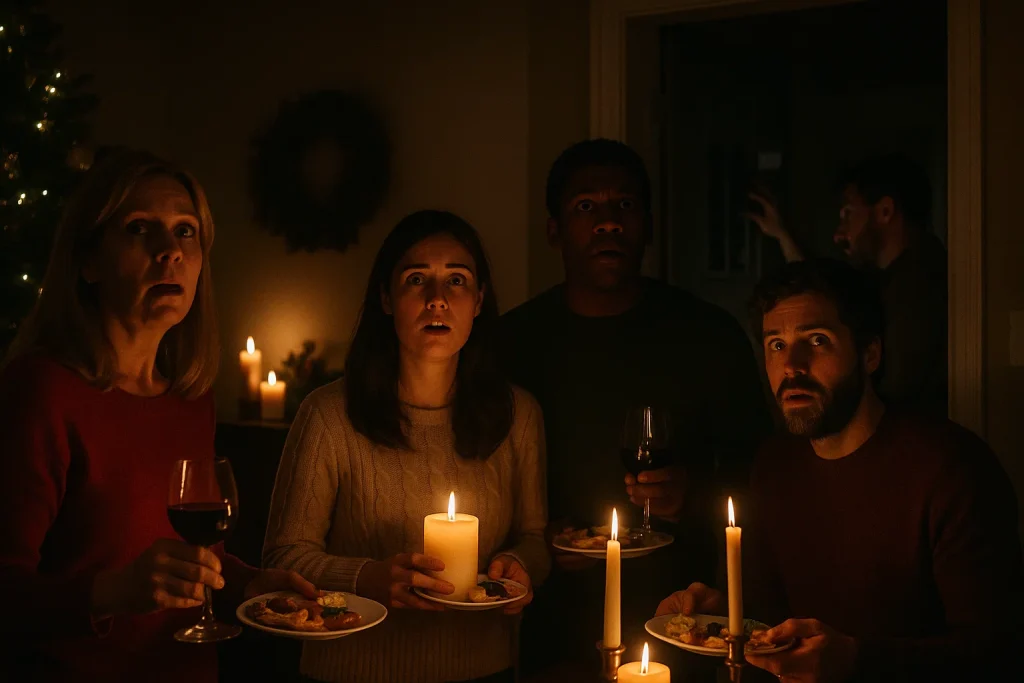 A group a people at a holiday party are shocked that the lights just went out.