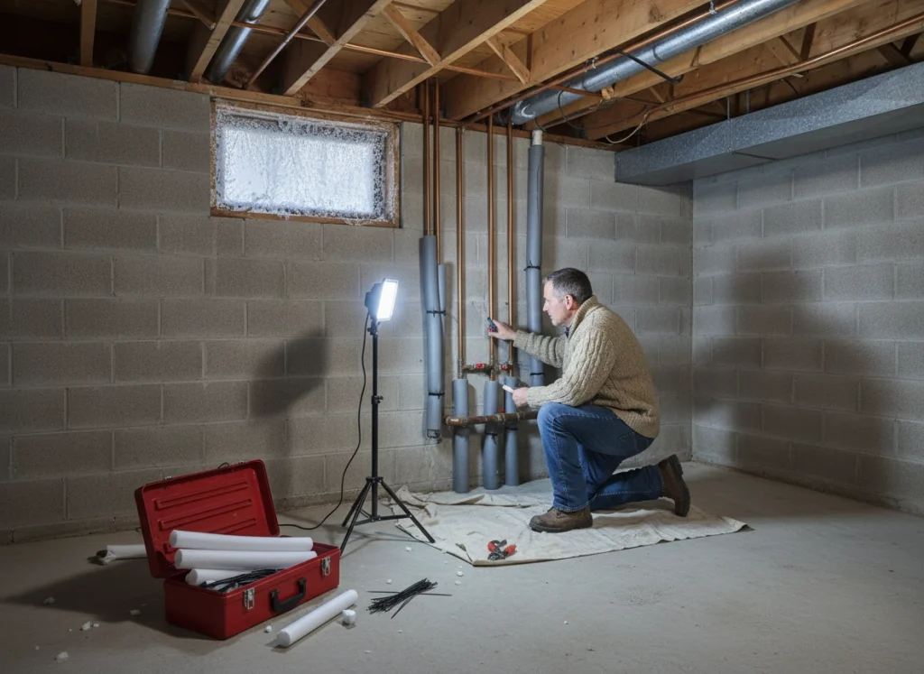 Homeowner inspecting and insulating exposed copper water pipes in basement to prevent winter freeze.