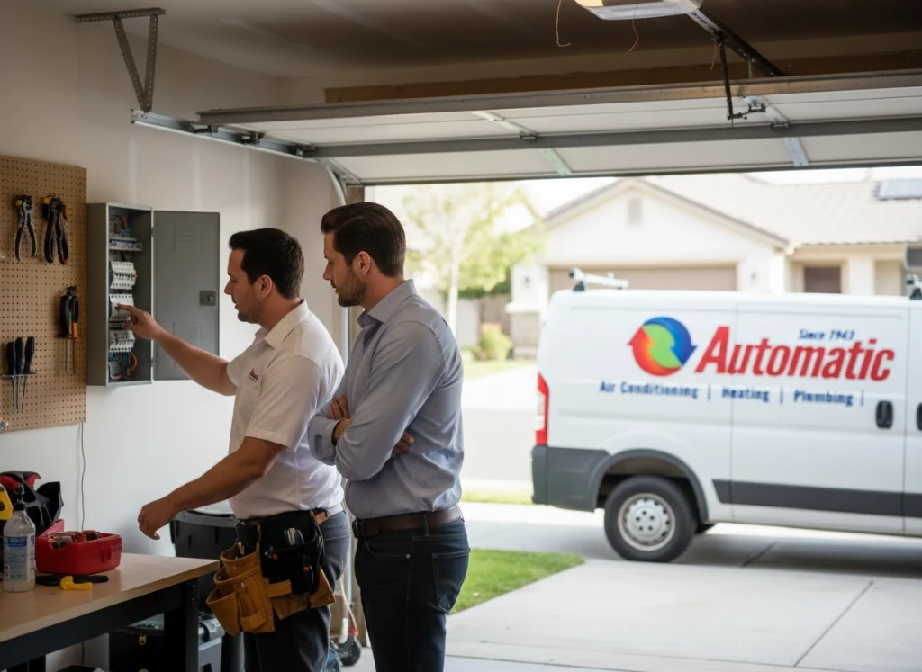 A homeowner and an electrician reviewing the electrical box in the garage.
