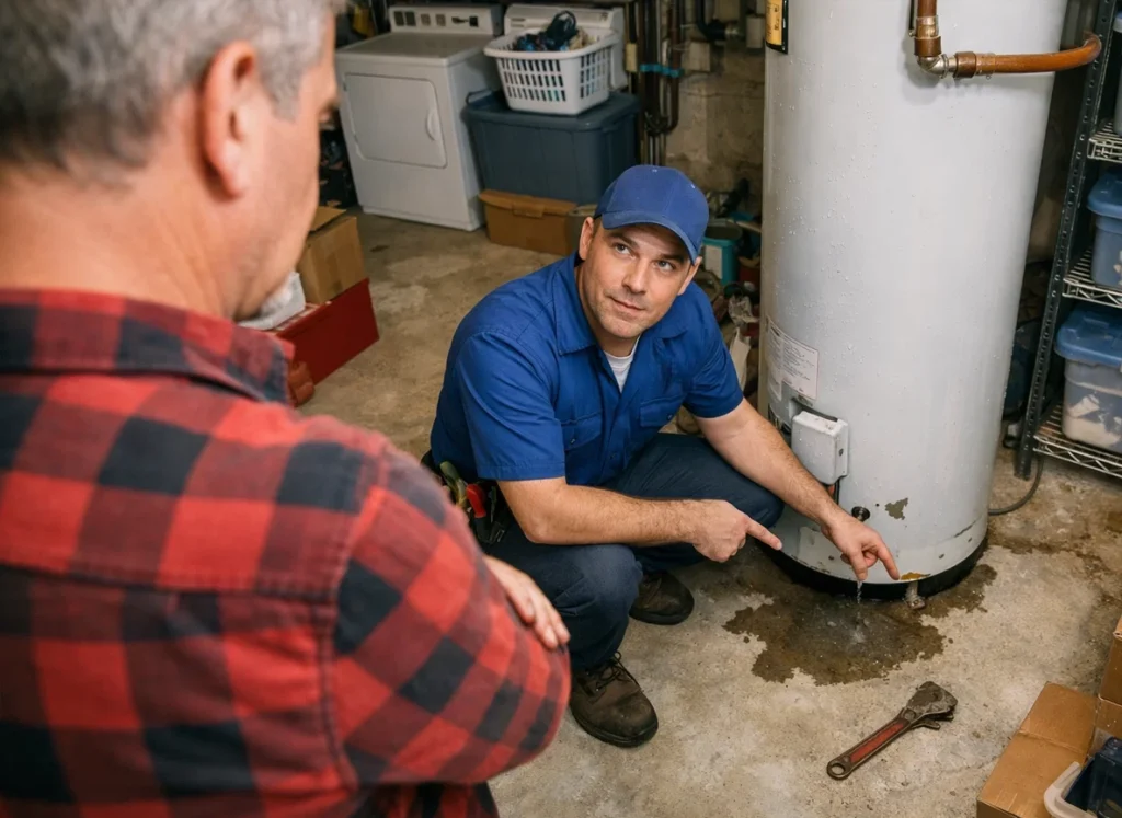 An image of a plumber, pointing out a small leak underneath the hot water heater to the homeowner in his basement.