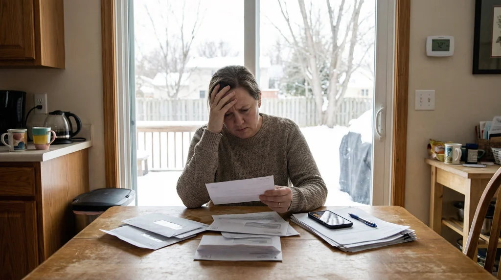 Homeowner reacting with concern to high winter utility bill at kitchen table