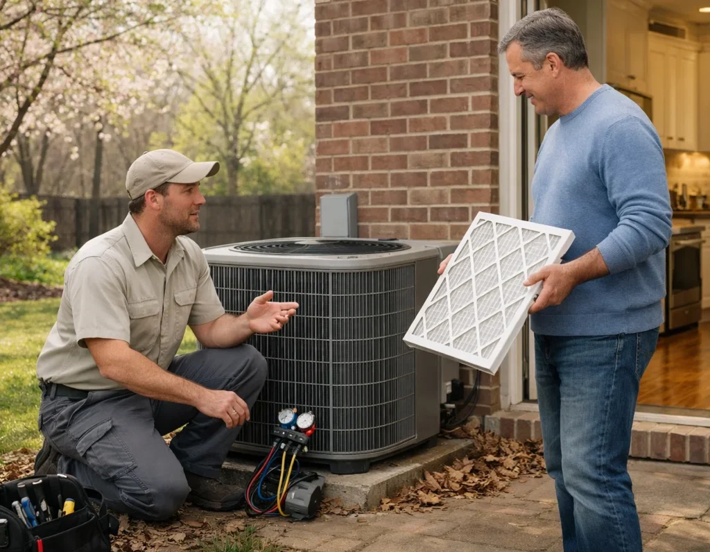 HVAC technician explaining spring AC prep to homeowner in Memphis