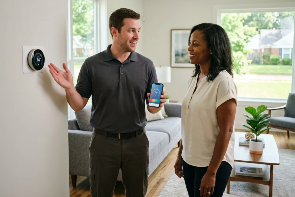 Homeowner learning how smart thermostats save energy