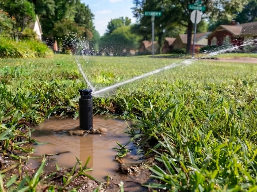 A leaking sprinkler head in the lawn