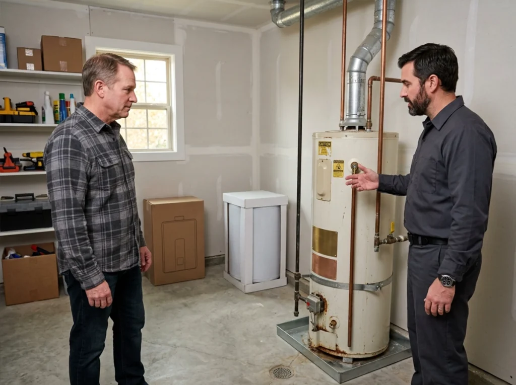 Memphis homeowner discussing water heater repair or replacement with plumber