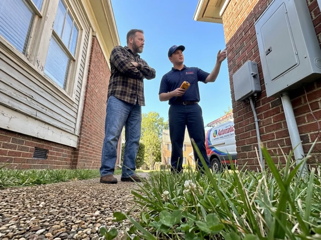 Homeowner electrician discussing a whole home surge protector on the side of the house.